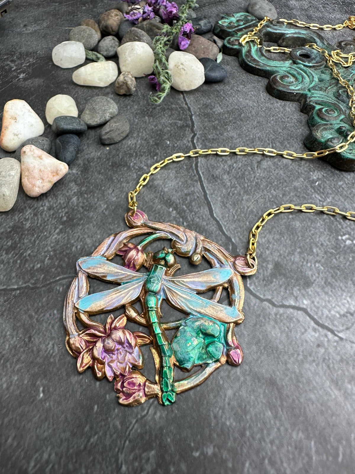 Dragonfly Pendant Necklace, Iridescent Patina Brass, Art Nou