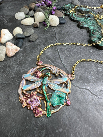 Dragonfly Pendant Necklace, Iridescent Patina Brass, Art Nou