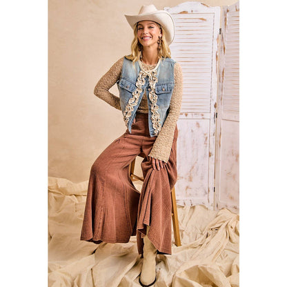 WOMEN WASHED DENIM RUFFLE LAYERING VEST