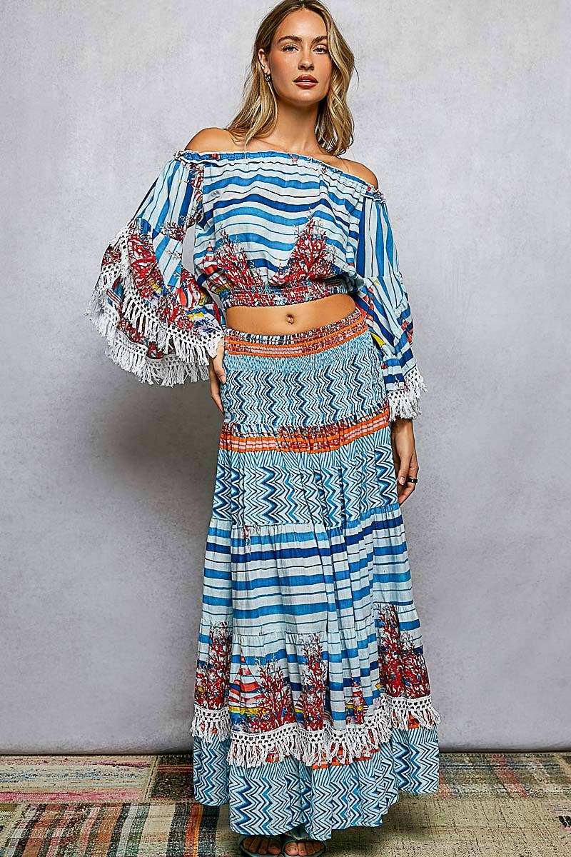 Off-Shoulder Fringe Sleeve Smocked Top and Skirt Set