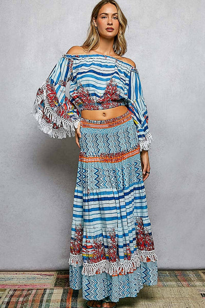 Off-Shoulder Fringe Sleeve Smocked Top and Skirt Set