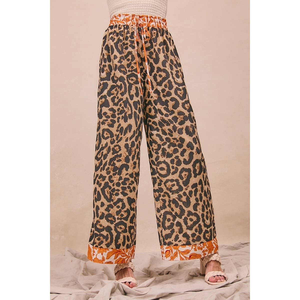 LEOPARD PRINT WITH CONTRAST BANDED WIDE PANTS