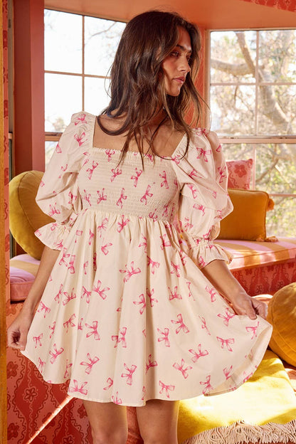Puff Sleeve Smock Bow Print Mini Dress