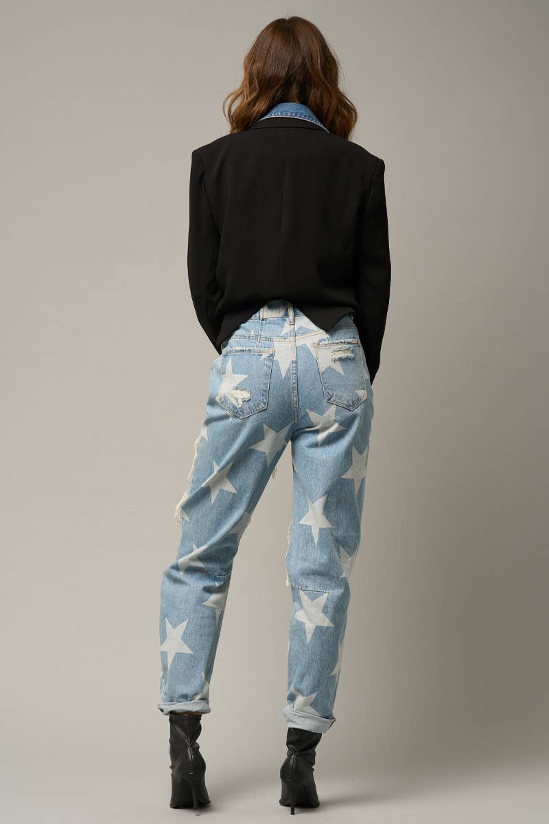 High Rise Ripped Star Print Slouch Jeans