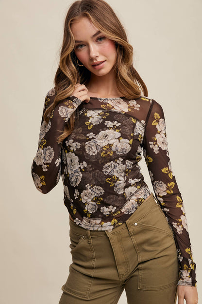 Floral Mesh Long Sleeve Layering Top