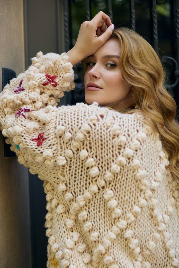 Knitted Cardigan Cross Pom Pom