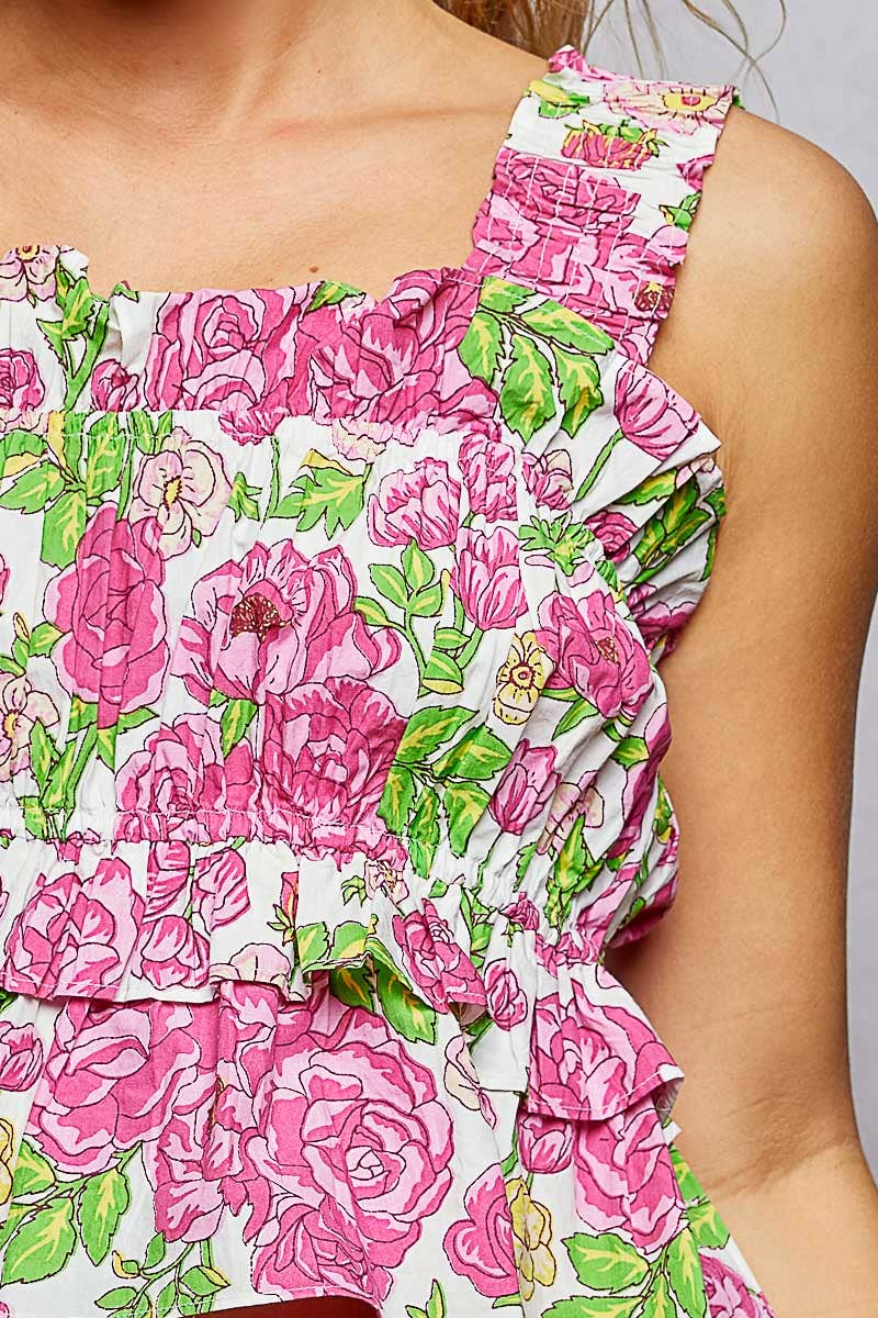 A-Line Elastic Shirring Ruffle Floral Sleeveless Top