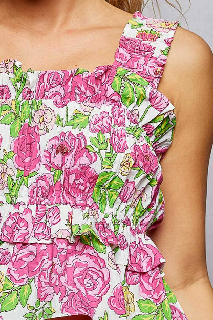 A-Line Elastic Shirring Ruffle Floral Sleeveless Top