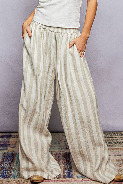 Stripe Elastic Waist Band Linen Wide Pants