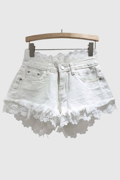 Lace-Accent Denim Shorts