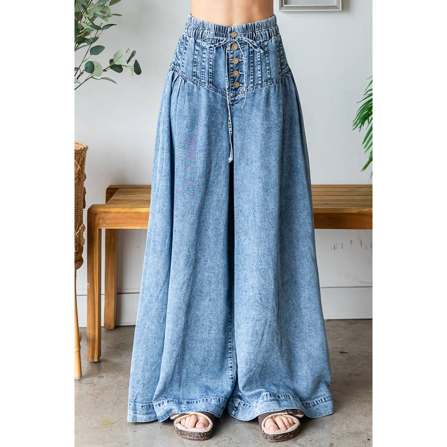 WASHED PINKTUCK WIDE LEG DENIM PANTS