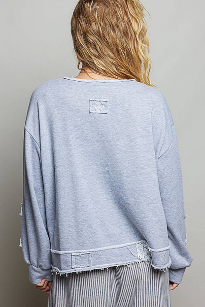 V-Neck Crochet Patch Cross Wrap Cropped Terry Top