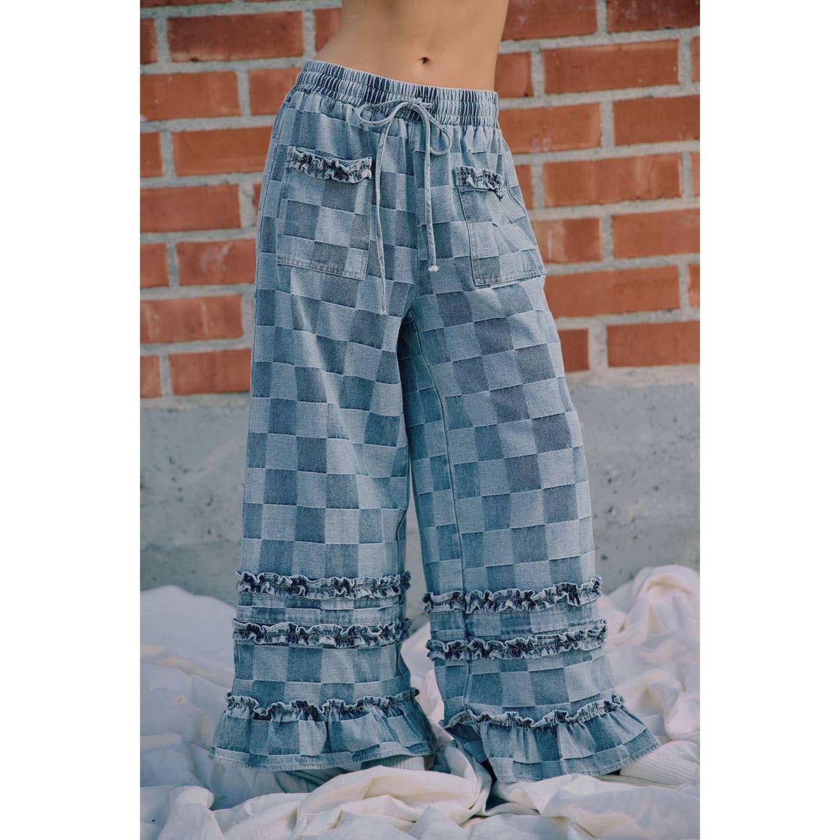 WASHED CHECKERBOARD DENIM RUFFLED DETAIL PANTS