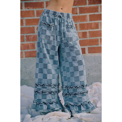 WASHED CHECKERBOARD DENIM RUFFLED DETAIL PANTS