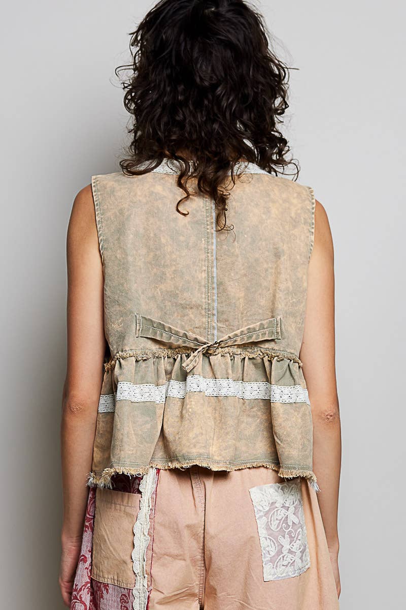 Embroidered Raw Edge Vintage Washing Twill Vest Jacket Top