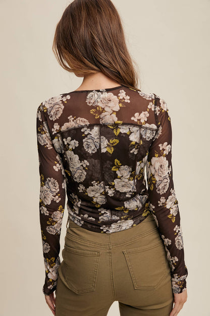 Floral Mesh Long Sleeve Layering Top