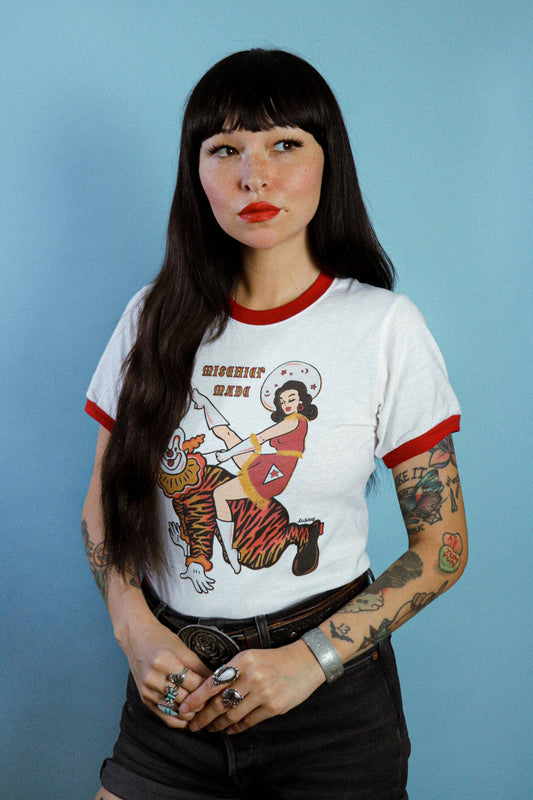 Clown In Around Unisex Ringer Tee in White/Pio Red