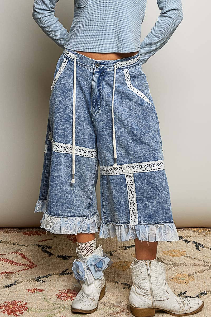 Vintage Washing Lace Ruffle Back Elastic Band Wide Pants