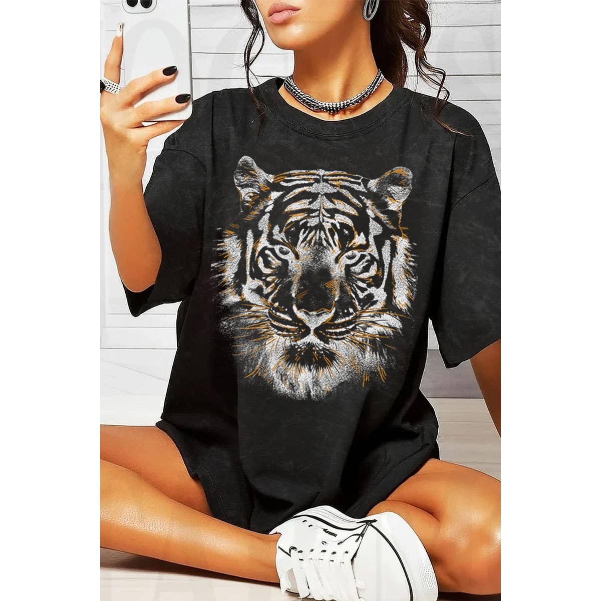 TIGER BIG FACE FOIL OVERSIZED MINERAL GRAPHIC TEE