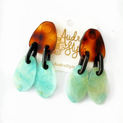 Amelia Dangle Spring Summer Geometric Statement Earring - Tortoise Turquoise Sparkle