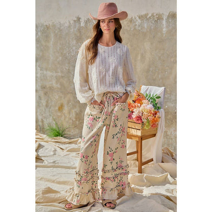 WASHED FLOWER PRINTED TWILL RUFFLED DETAIL WIDE PANTS