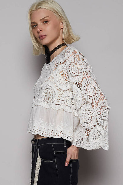 White 3/4 Sleeve Round Neck Eyelet Crochet Top