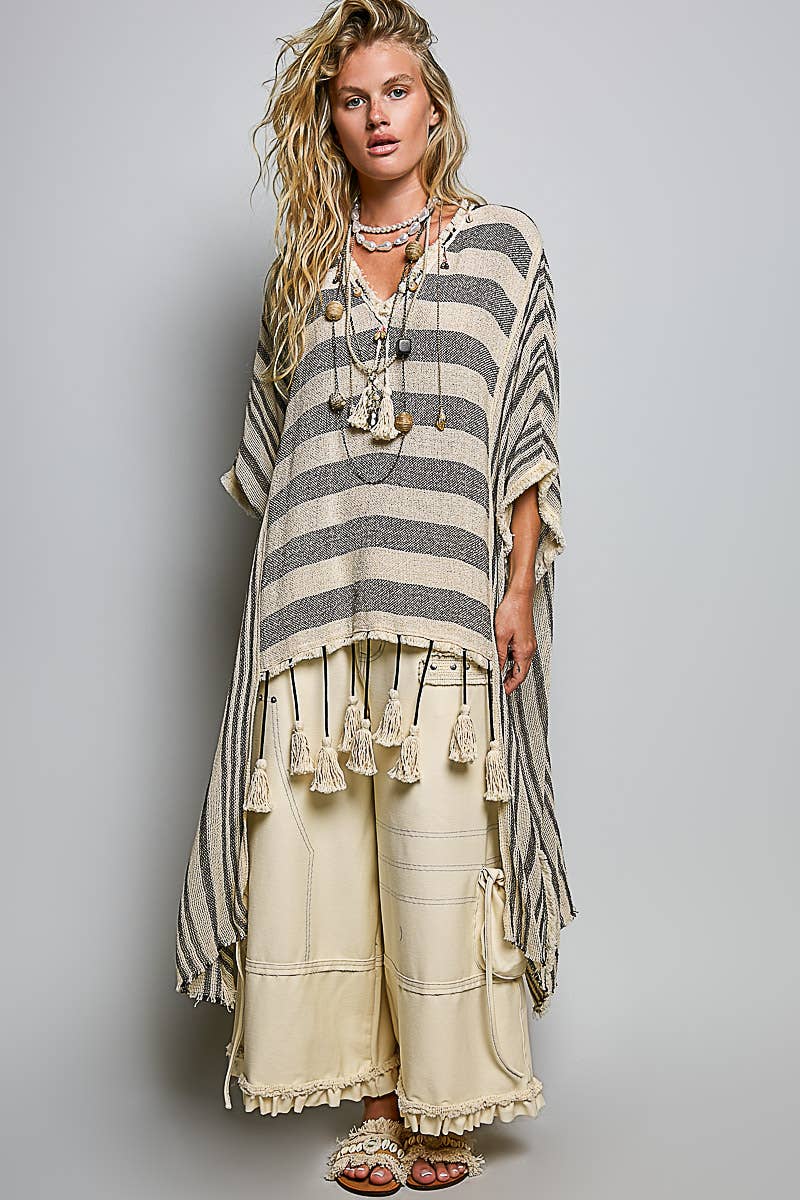 V-neck Fringe Tassel Vintage Washing Short Sleeve Top
