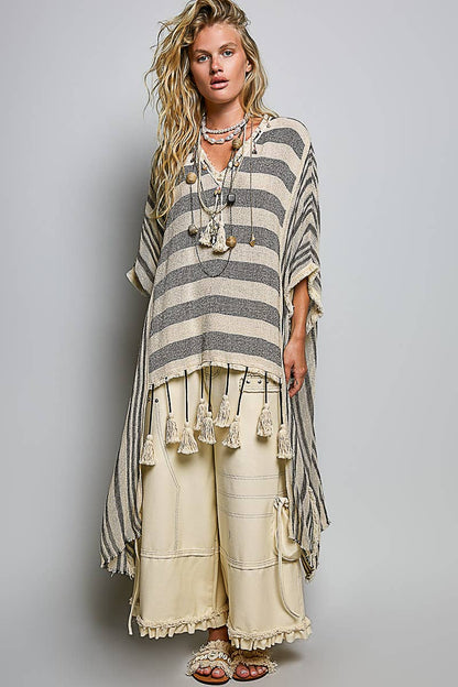 V-neck Fringe Tassel Vintage Washing Short Sleeve Top