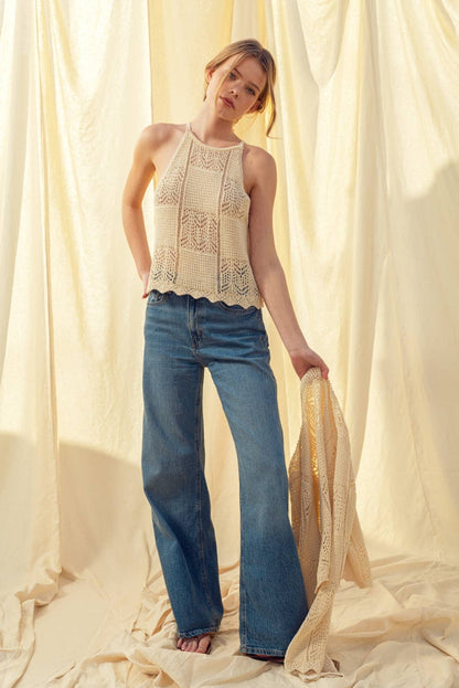 PATCH WORK EFFECT CROCHET KNITTED TOP