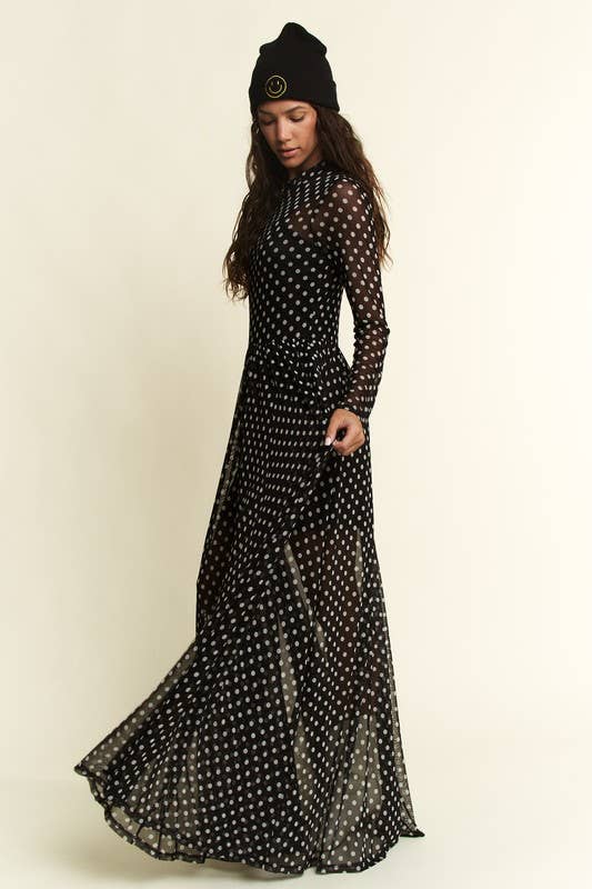 POLKA DOT PRINT MESH MAXI DRESS