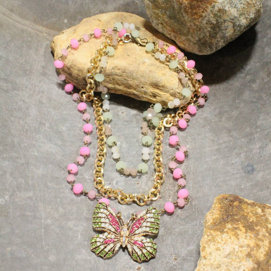 Pink Butterfly Layered Necklace