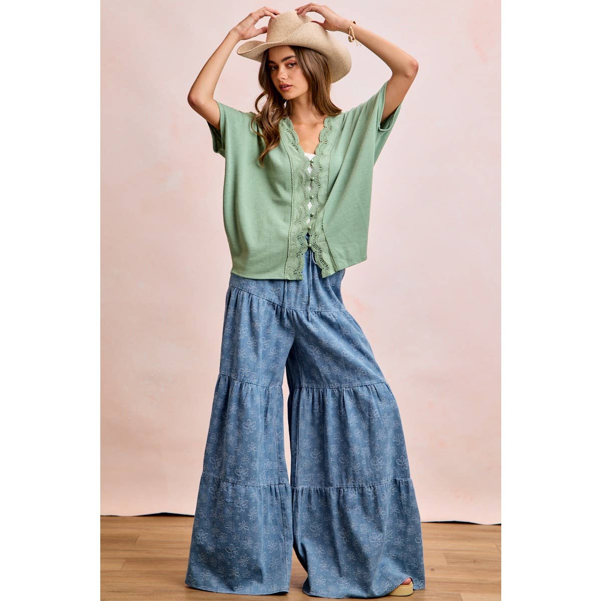 FLORAL TIERED FLARE DENIM PANTS