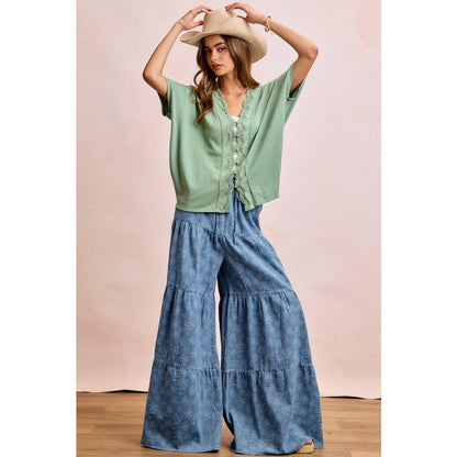 FLORAL TIERED FLARE DENIM PANTS