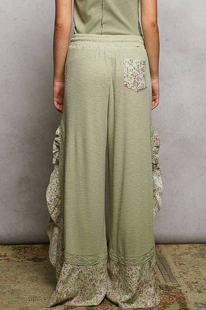 Floral Pattern Ruffle Detail Ribbed Knit Pants
