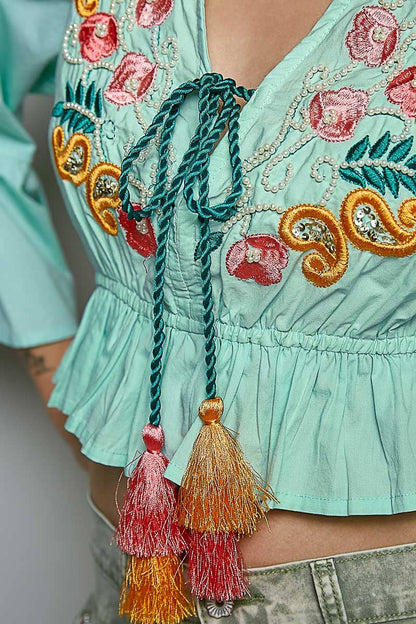 3/4 Sleeve Embroidered Bead Neck Loop Tassel Cotton Top
