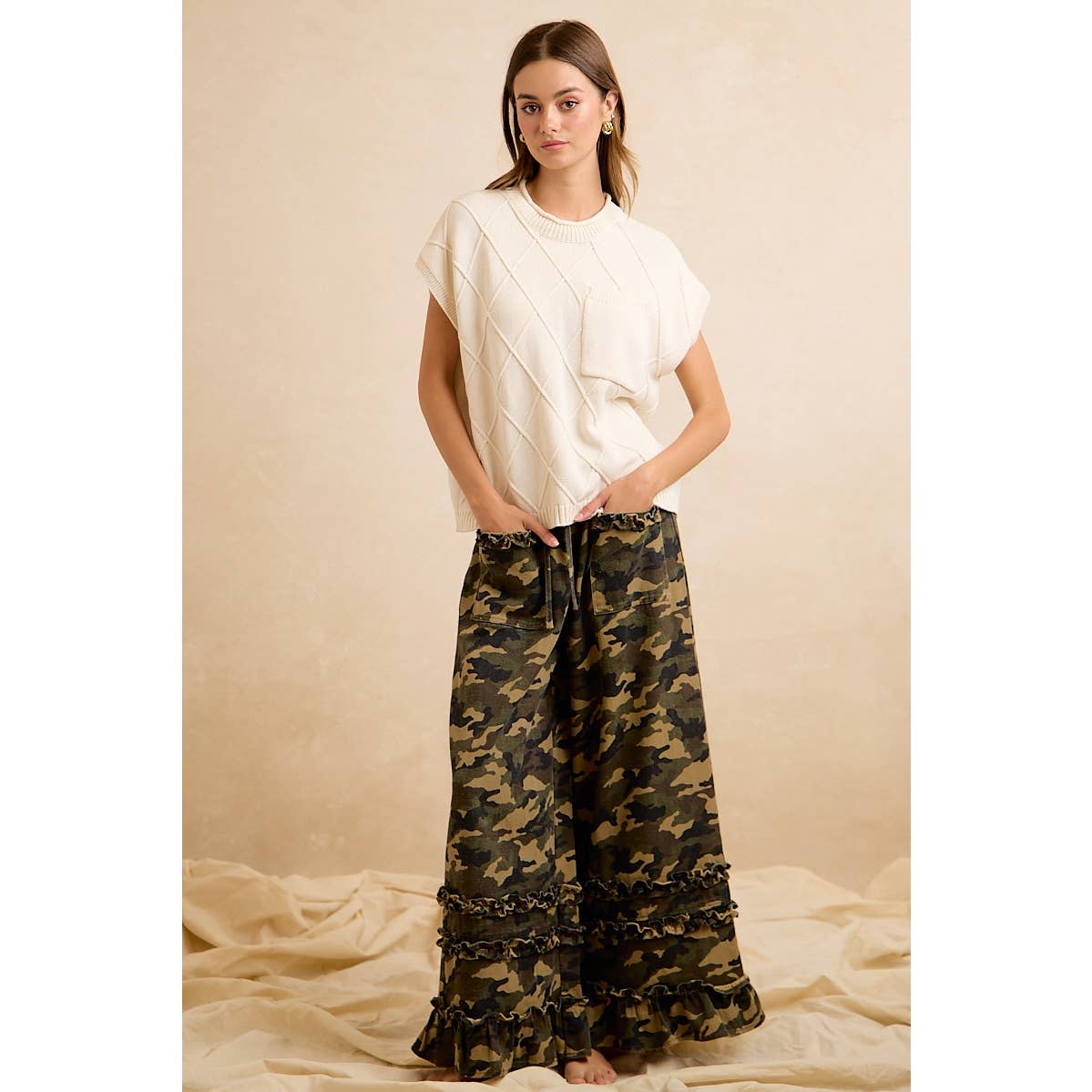 CAMOUFLAGE PRINTED TWILL RUFFLED DETAIL WIDE PANTS