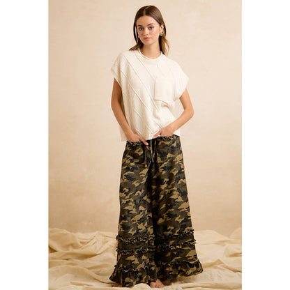 CAMOUFLAGE PRINTED TWILL RUFFLED DETAIL WIDE PANTS
