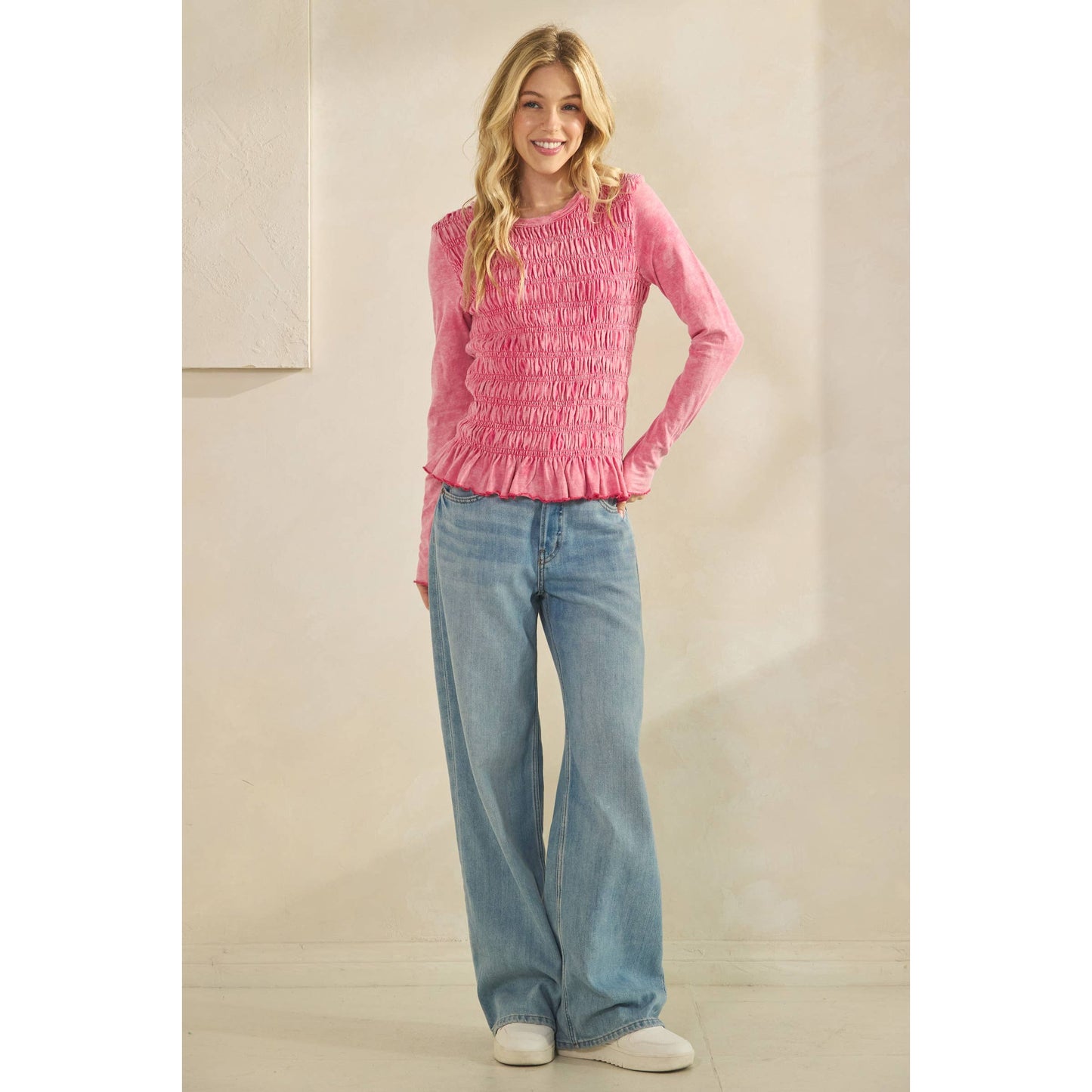 PINK SMOCKED PEPLUM LONG SLEEVE TOP