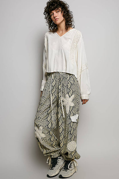 V-neck Long Sleeve Floral Embroidered Cotton Woven Top