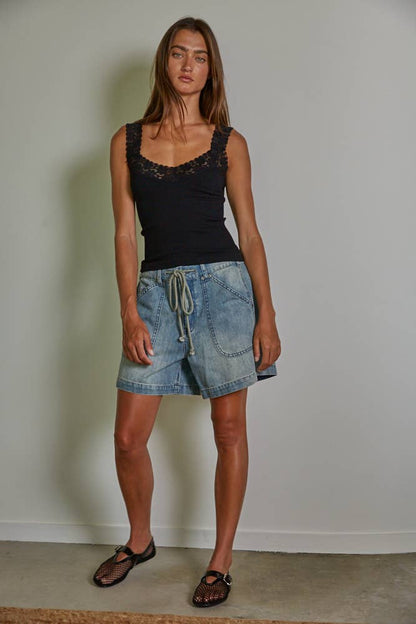 Knit Seamless Ribbed Tank Top with Lace Trim