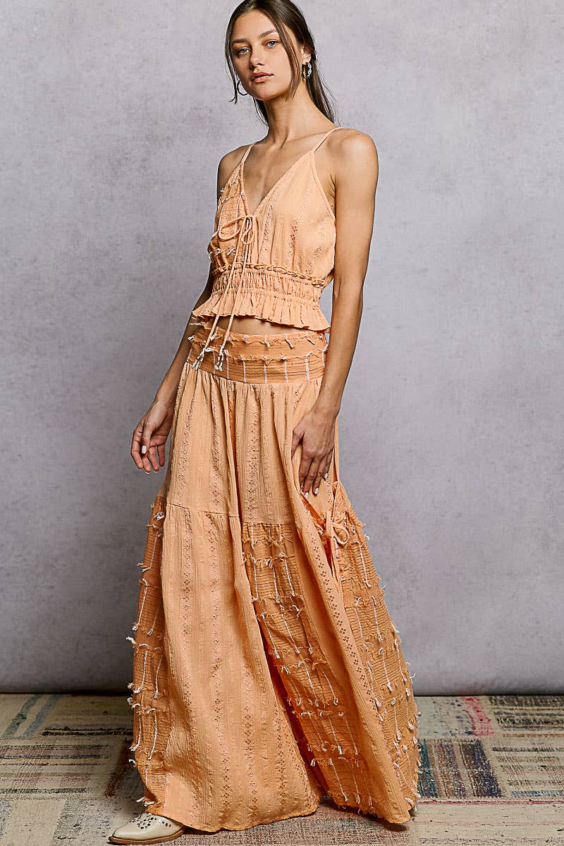 Boho Ruffle Contrast Shell Trim Wide Leg Pants