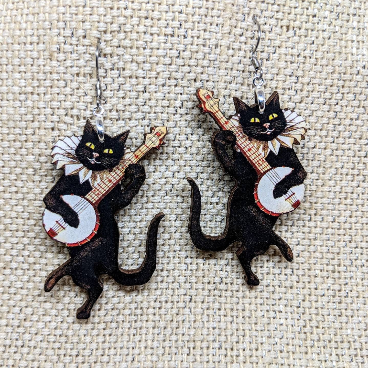 Banjo Musical Cat Earrings