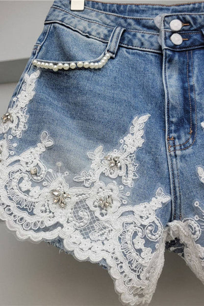 Pearl-Trim Lace Denim Shorts