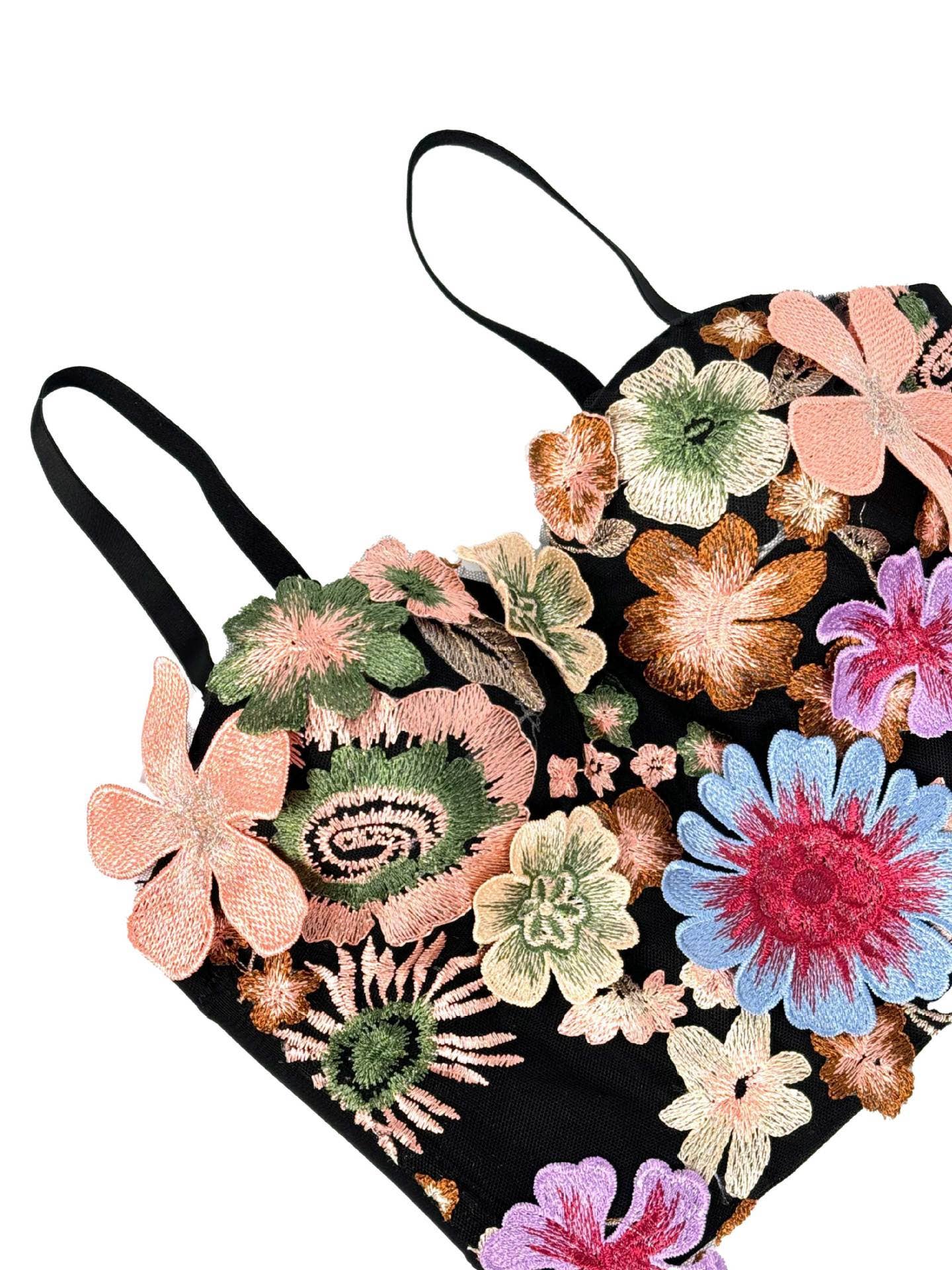 Retro Floral Embroidered Tube Top Camisole with Bra