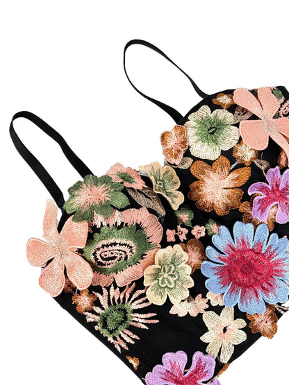 Retro Floral Embroidered Tube Top Camisole with Bra