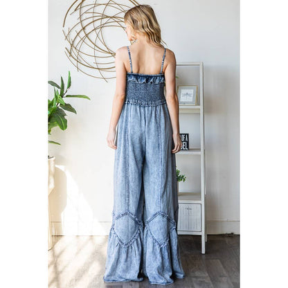 SMOCKED RUFFLE HEM WIDE LEG TENCEL JUMPSUIT