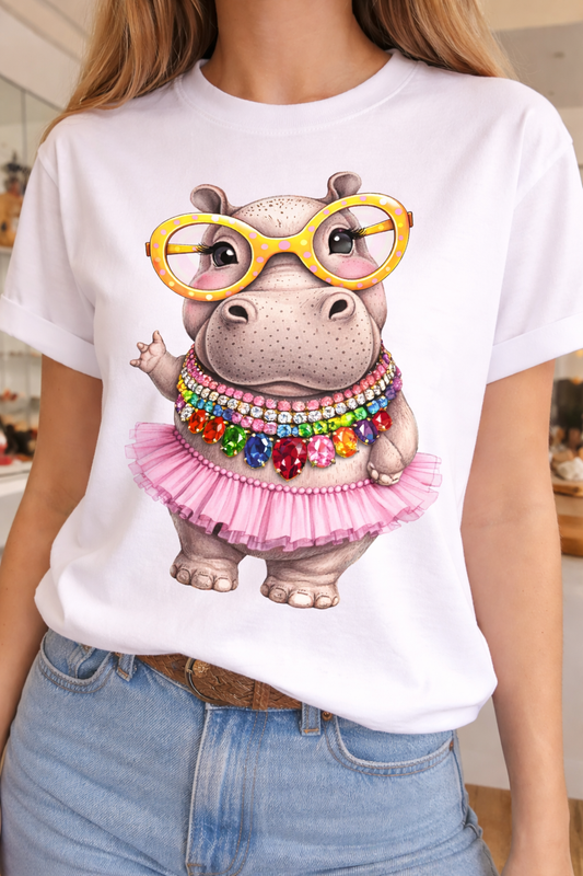 Jeweled Collar Waving Tutu Hippo on White Crew t-shirt