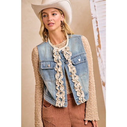 WOMEN WASHED DENIM RUFFLE LAYERING VEST