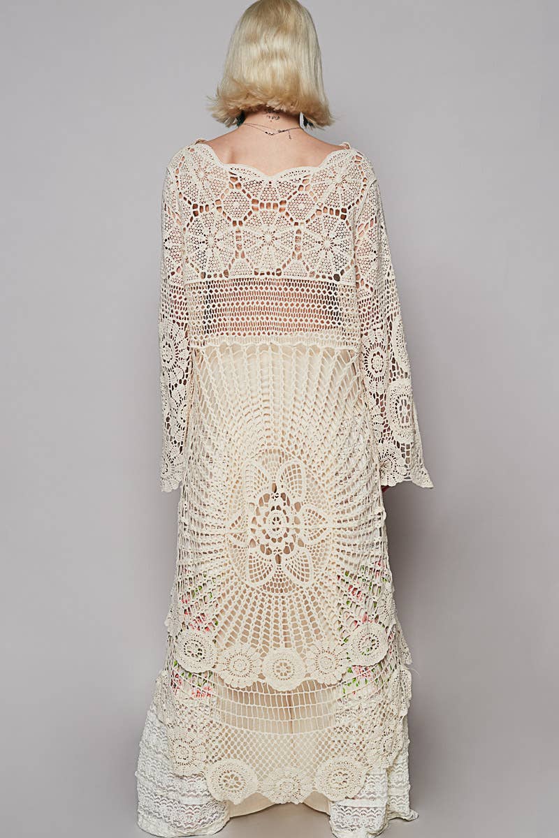 Round neck long sleeve elongated crochet top