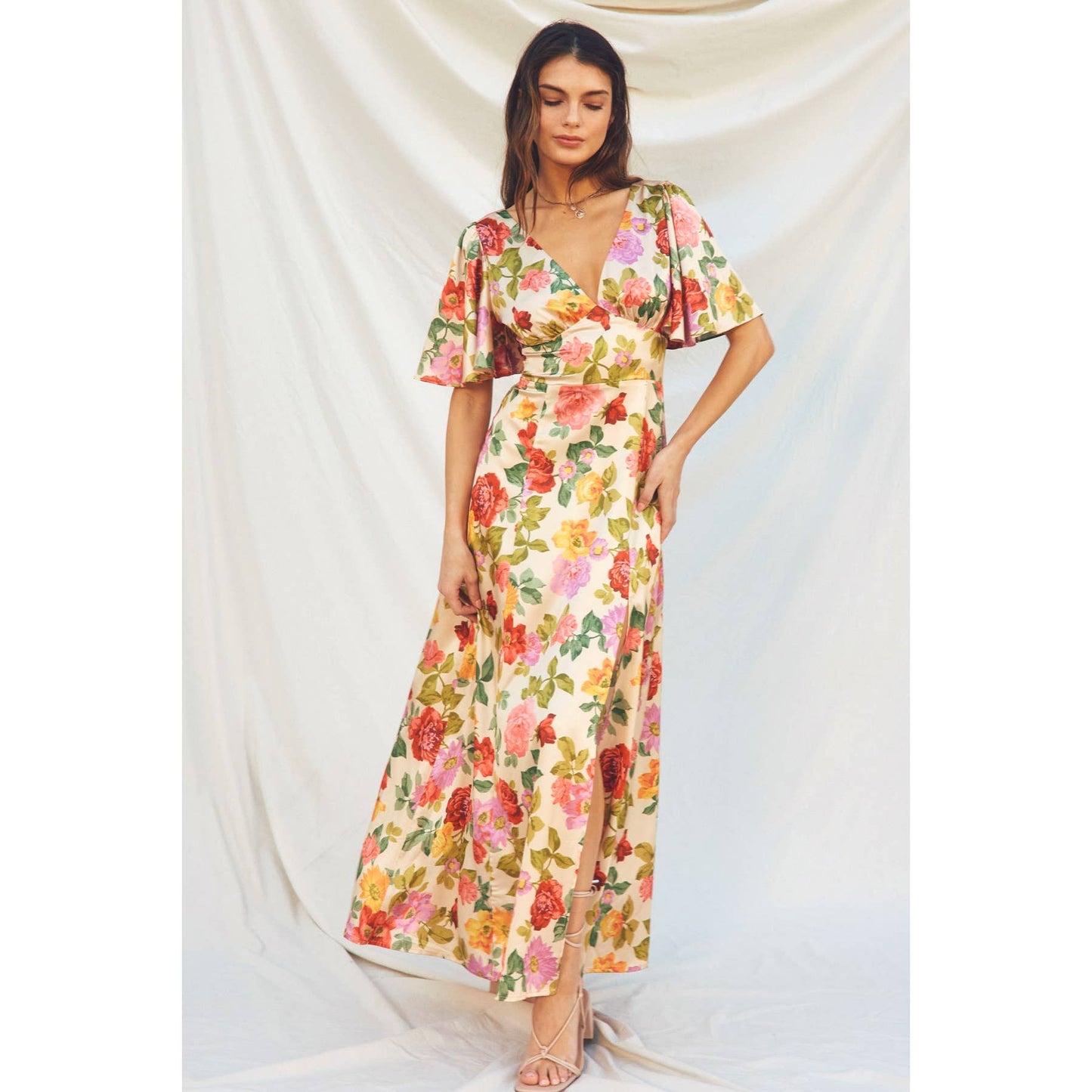 Floral Flutter Sleeve Plunging Maxi Dress